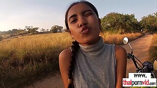 Amateur Thai teen Cherry sucking and fucking a big white dick outdoor